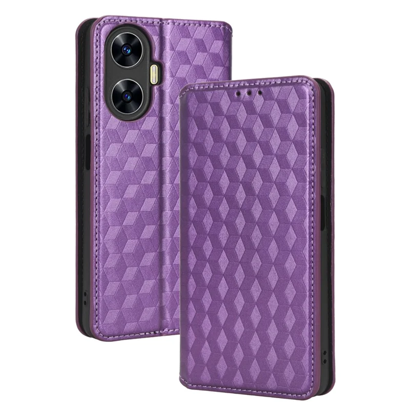 For Realme C55 4G / Narzo N55 4G Wallet Phone Cover PU Leather Stand Imprinted Rhombus Pattern Phone Case - Purple