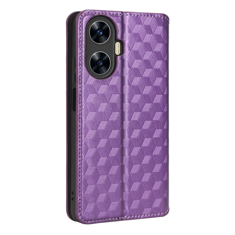 For Realme C55 4G / Narzo N55 4G Wallet Phone Cover PU Leather Stand Imprinted Rhombus Pattern Phone Case - Purple