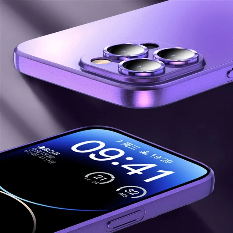 For iPhone 14 Pro Matte Finish Mobile Phone Case Electroplating Soft TPU Cover with Built-in Lens Protector - Dark Purple
