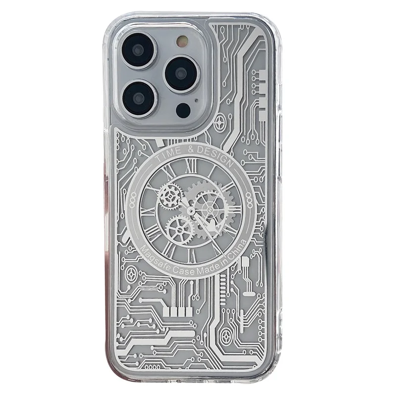 Magnetic Phone Case for iPhone 14 Pro , Soft TPU Mechanical Gear Clock Pattern Electroplating Cover - Silver