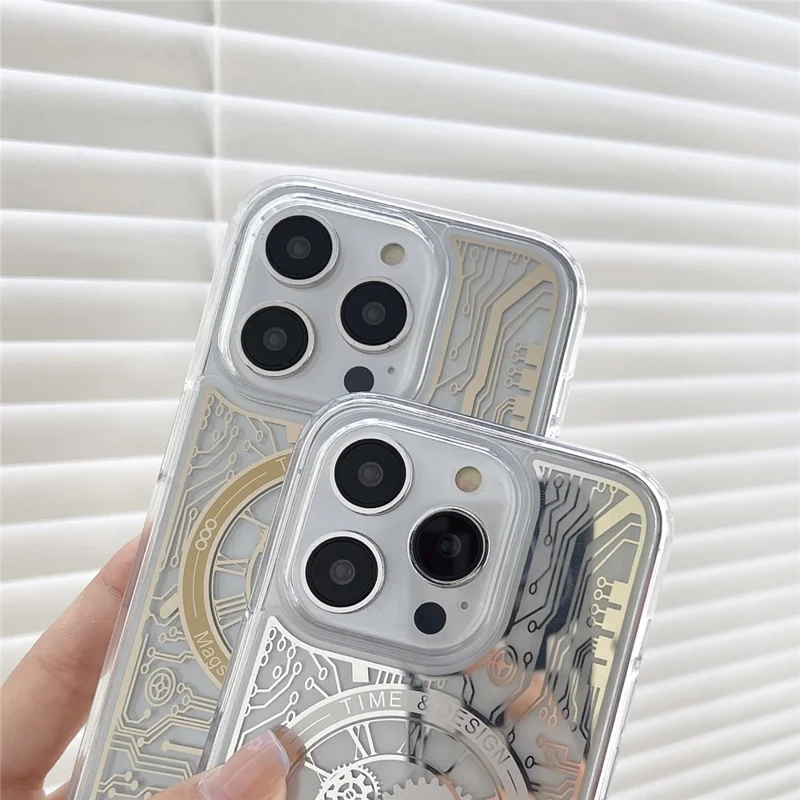 Magnetic Phone Case for iPhone 14 Pro , Soft TPU Mechanical Gear Clock Pattern Electroplating Cover - Silver