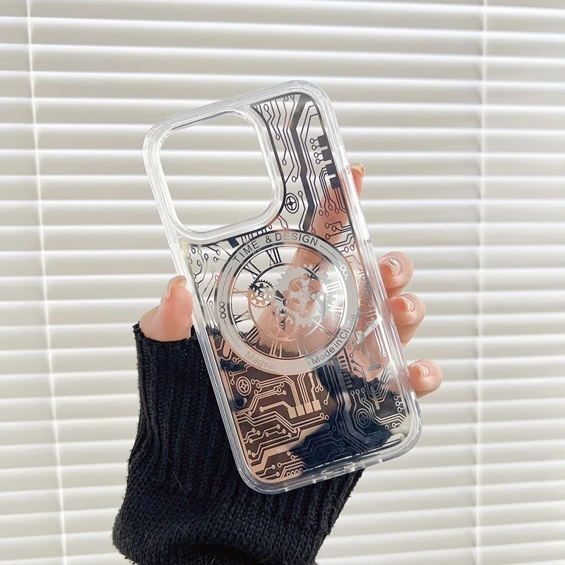 Magnetic Phone Case for iPhone 14 Pro , Soft TPU Mechanical Gear Clock Pattern Electroplating Cover - Silver