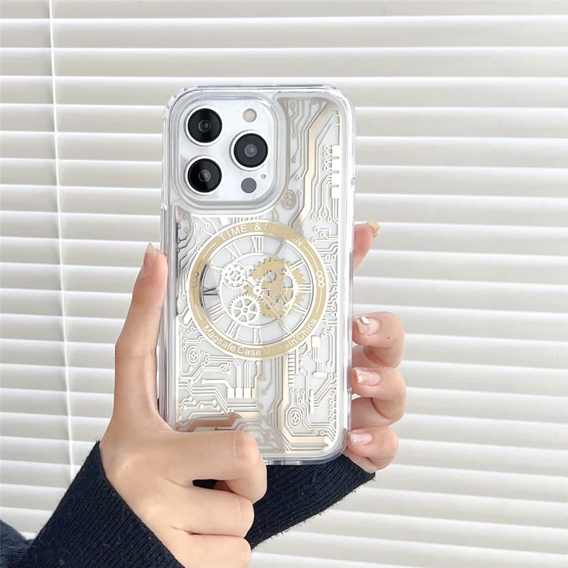 Magnetic Phone Case for iPhone 14 Pro , Soft TPU Mechanical Gear Clock Pattern Electroplating Cover - Silver