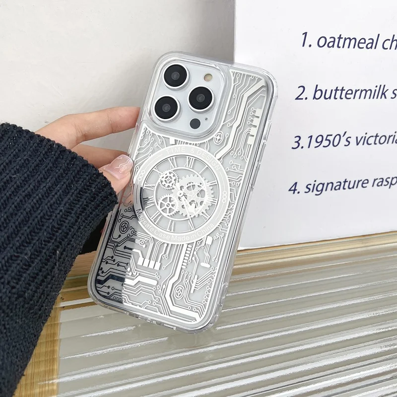 For iPhone 13 Pro 6.1 inch Magnetic Case Electroplated Mechanical Gear Clock Pattern TPU Phone Cover - Silver