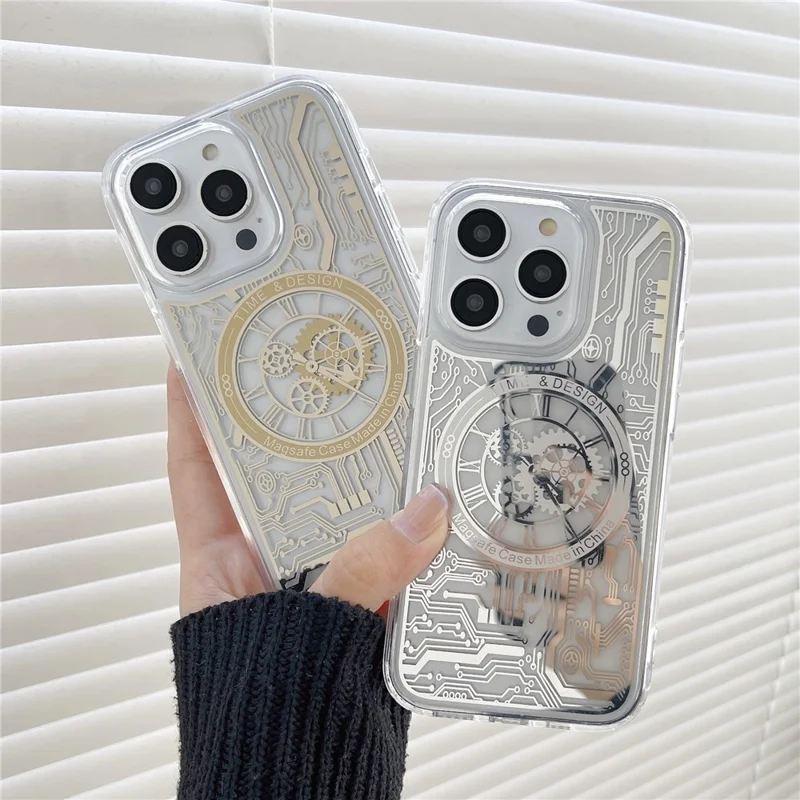 For iPhone 13 Pro 6.1 inch Magnetic Case Electroplated Mechanical Gear Clock Pattern TPU Phone Cover - Silver