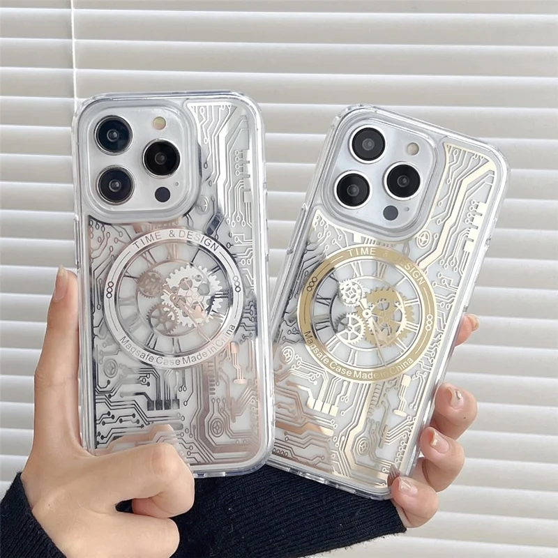For iPhone 13 Pro 6.1 inch Magnetic Case Electroplated Mechanical Gear Clock Pattern TPU Phone Cover - Silver
