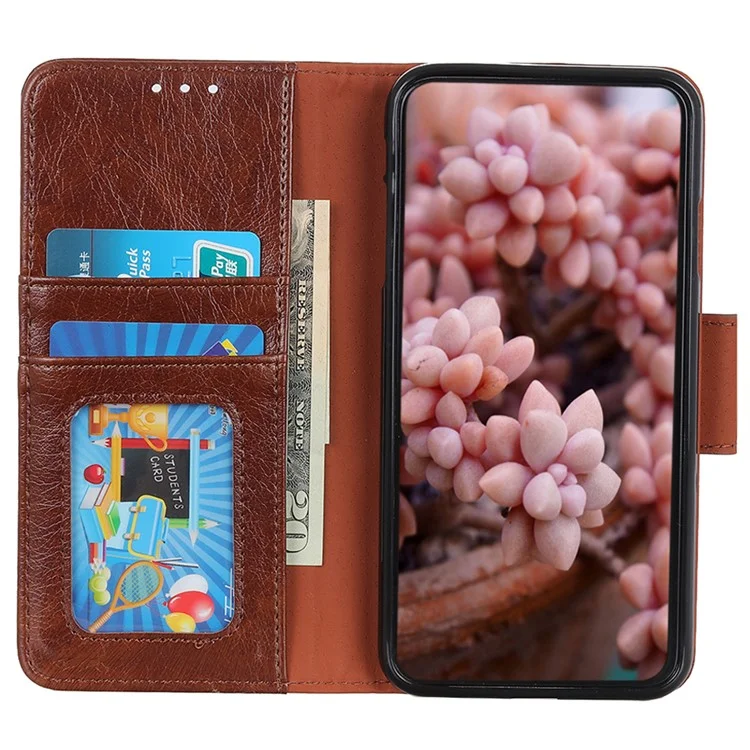 For Xiaomi Redmi Note 12 4G Split Leather Nappa Texture Phone Case Stand Wallet Phone Cover - Brown