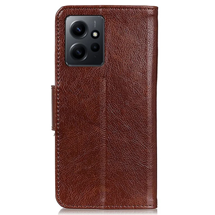 For Xiaomi Redmi Note 12 4G Split Leather Nappa Texture Phone Case Stand Wallet Phone Cover - Brown