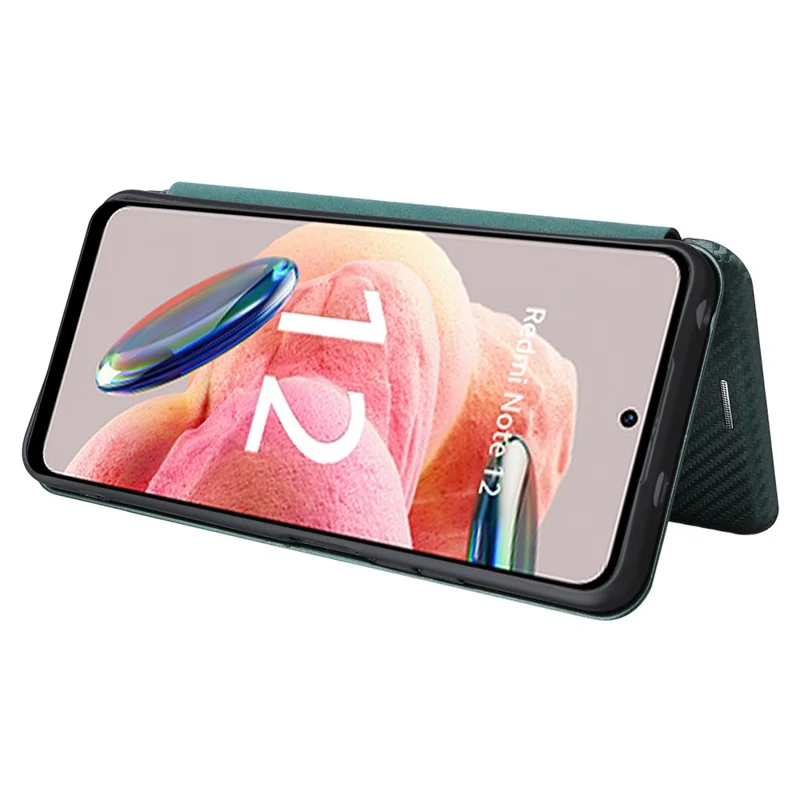 Для Xiaomi Redmi Note 12 4G PU Leather Stand Cover Carbon Fiber Texture Phone Case with Card Holder - Green