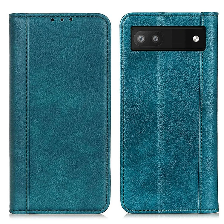 For Google Pixel 7a Split Leather Phone Case Litchi Texture Wallet Stand Flip Protective Cover - Green