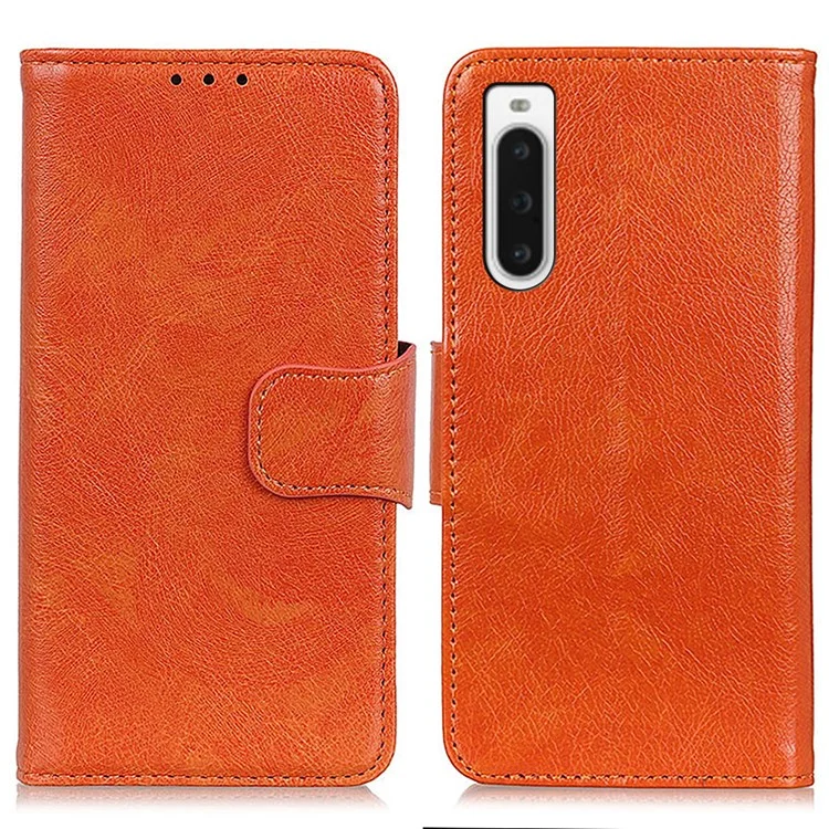 For Sony Xperia 10 V Split Leather+TPU Phone Case Nappa Texture Stand Wallet Magnetic Clasp Phone Cover - Orange
