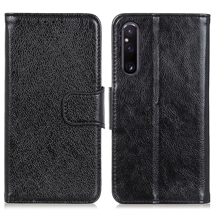 For Sony Xperia 1 V Split Leather Phone Case Nappa Texture Stand Wallet Magnetic Clasp Phone Cover - Black
