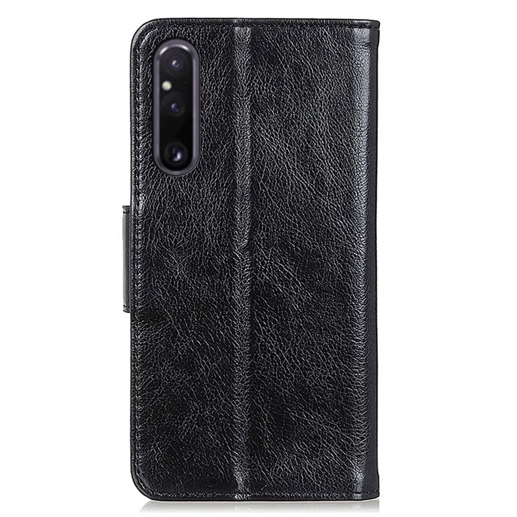 For Sony Xperia 1 V Split Leather Phone Case Nappa Texture Stand Wallet Magnetic Clasp Phone Cover - Black