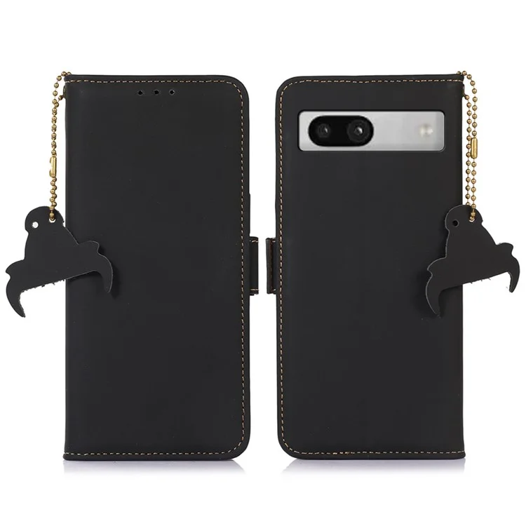 Per Google Pixel 7a RFID Blocking Phone Cover Genuine Cow Leather Case with Stand Wallet - Black