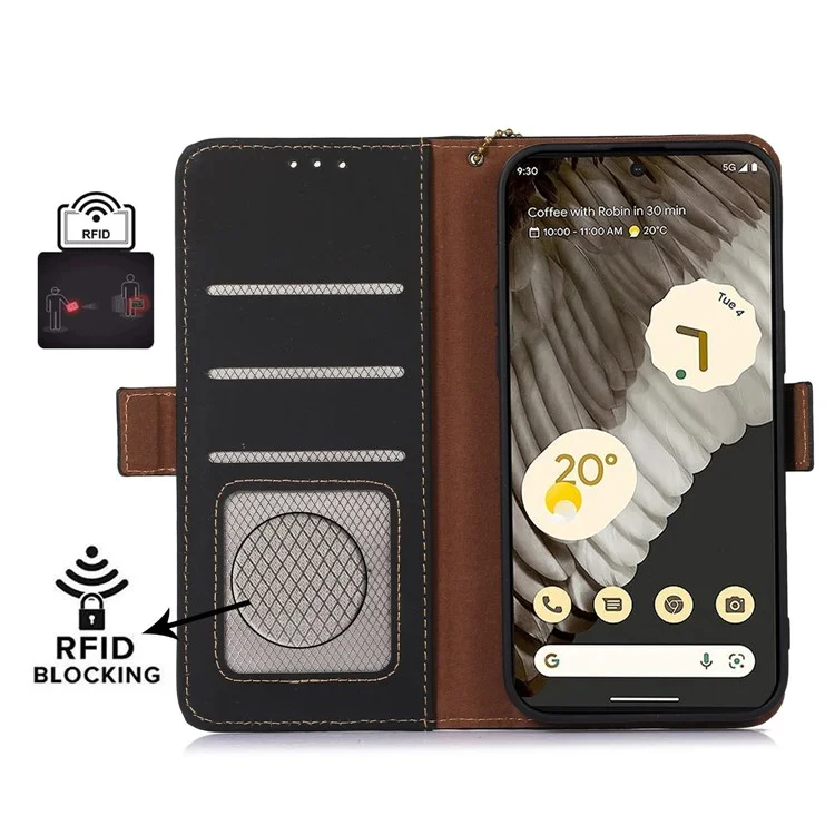 Per Google Pixel 7a RFID Blocking Phone Cover Genuine Cow Leather Case with Stand Wallet - Black