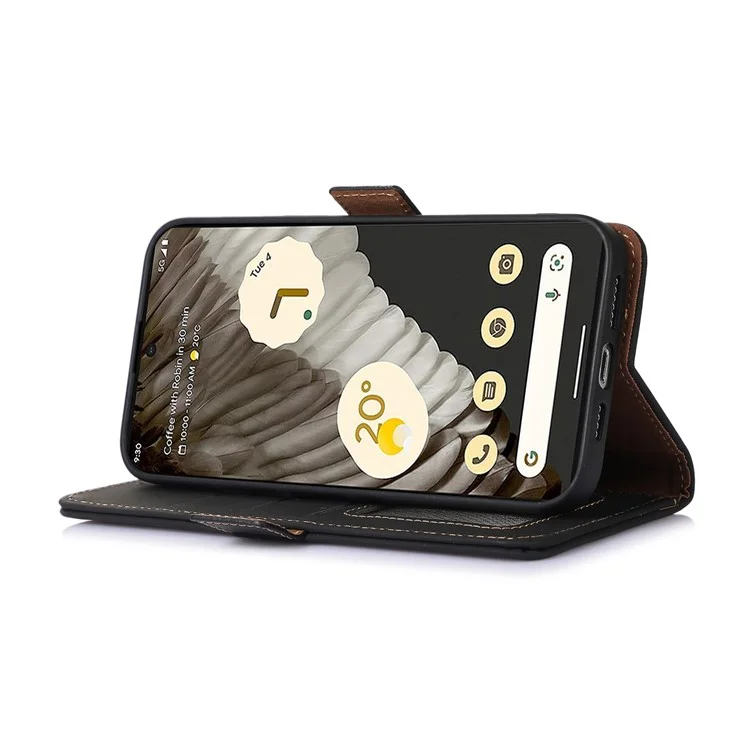 Per Google Pixel 7a RFID Blocking Phone Cover Genuine Cow Leather Case with Stand Wallet - Black