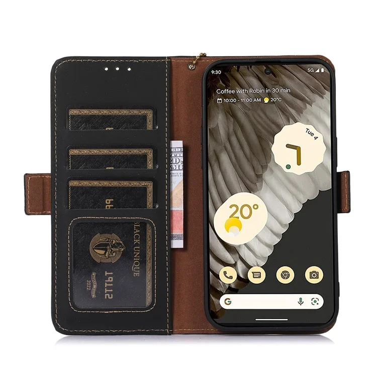 Per Google Pixel 7a RFID Blocking Phone Cover Genuine Cow Leather Case with Stand Wallet - Black