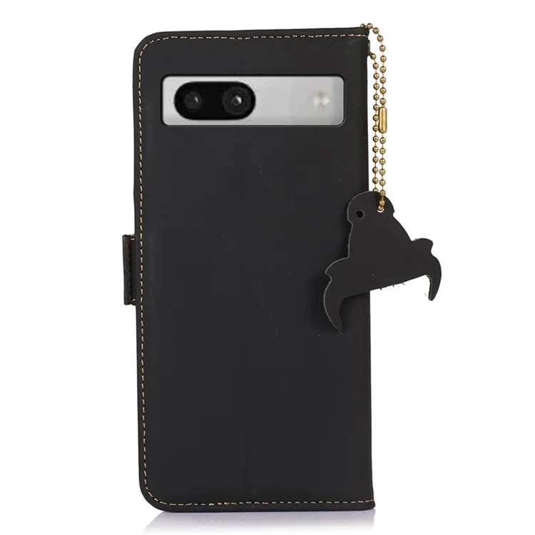 Per Google Pixel 7a RFID Blocking Phone Cover Genuine Cow Leather Case with Stand Wallet - Black