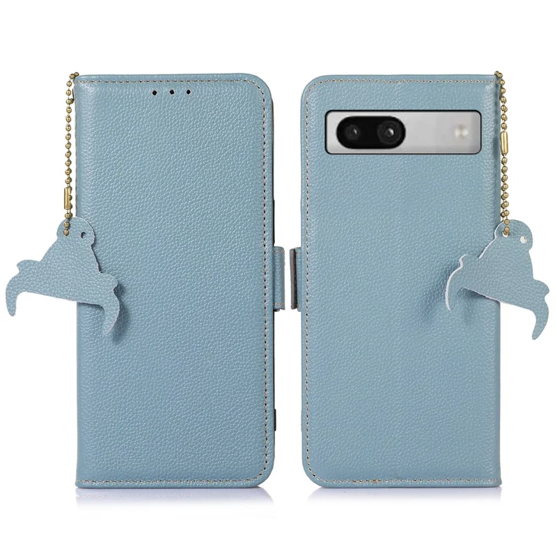 Per Google Pixel 7a Wallet Stand Phone Cover RFID Blocking Genuine Cow Leather Phone Case - Blu