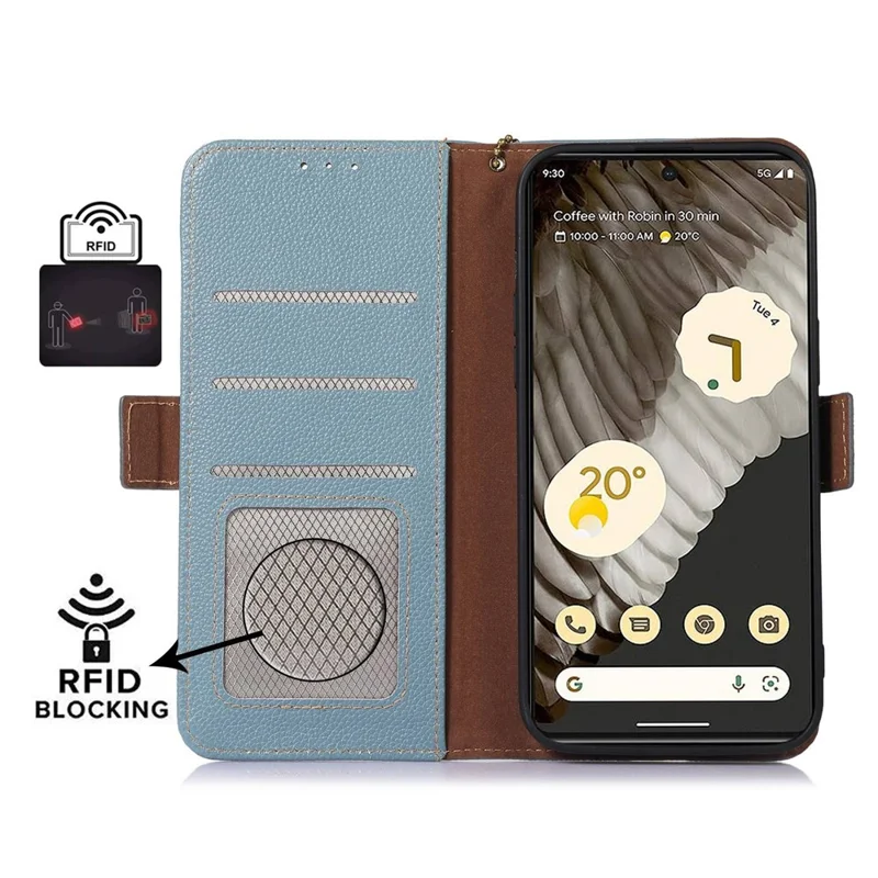 Per Google Pixel 7a Wallet Stand Phone Cover RFID Blocking Genuine Cow Leather Phone Case - Blu