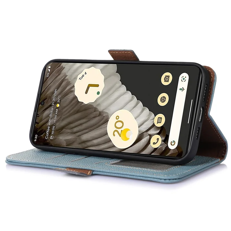 Per Google Pixel 7a Wallet Stand Phone Cover RFID Blocking Genuine Cow Leather Phone Case - Blu