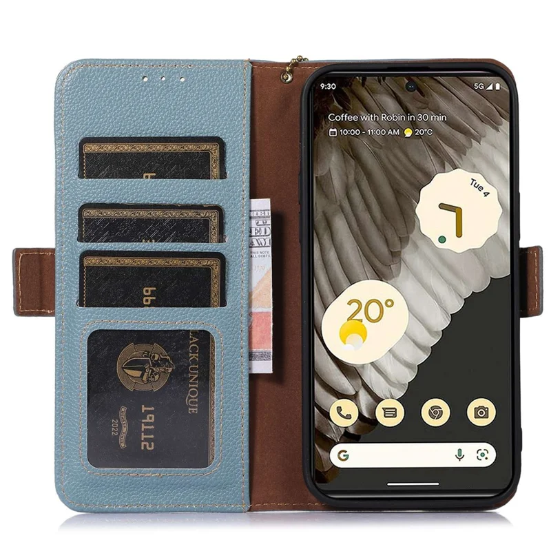 Per Google Pixel 7a Wallet Stand Phone Cover RFID Blocking Genuine Cow Leather Phone Case - Blu