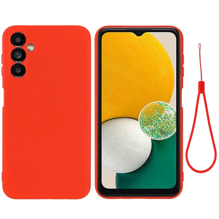 Phone Case for Samsung Galaxy A14 5G / A14 4G Soft Lining Liquid Silicone Protective Cover with Strap - Red
