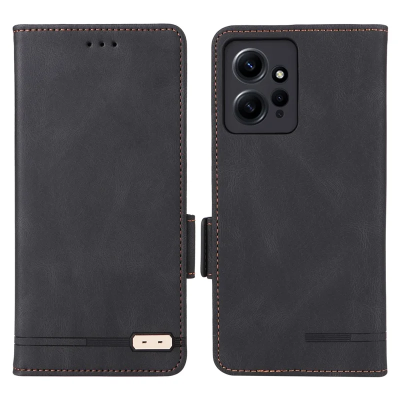 For Xiaomi Redmi Note 12 4G Hardware Decor Wallet Stand Cover Anti-scratch Magnetic PU Leather Anti-drop Case - Black