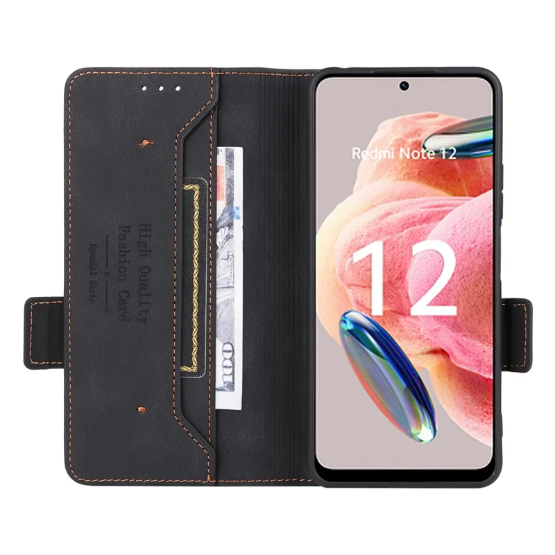 For Xiaomi Redmi Note 12 4G Hardware Decor Wallet Stand Cover Anti-scratch Magnetic PU Leather Anti-drop Case - Black