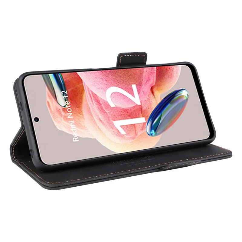 For Xiaomi Redmi Note 12 4G Hardware Decor Wallet Stand Cover Anti-scratch Magnetic PU Leather Anti-drop Case - Black