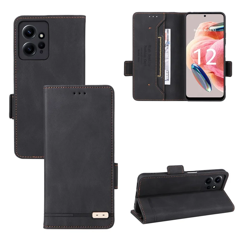 For Xiaomi Redmi Note 12 4G Hardware Decor Wallet Stand Cover Anti-scratch Magnetic PU Leather Anti-drop Case - Black