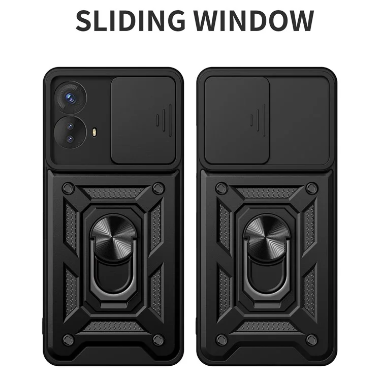 Kickstand-PC+TPU-Handyhülle für Motorola Moto G53 5G, Schiebe-Kamera-Objektivschutzgehäuse - Schwarz