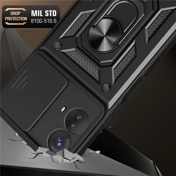 Kickstand-PC+TPU-Handyhülle für Motorola Moto G53 5G, Schiebe-Kamera-Objektivschutzgehäuse - Schwarz