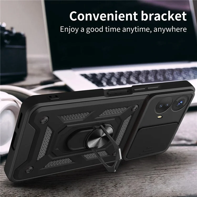 Kickstand pc + Tpu Couvercle du Téléphone Pour Motorola Moto G53 5g, Glissade Push Pull Camera Lens Protection Shell Board - Noir