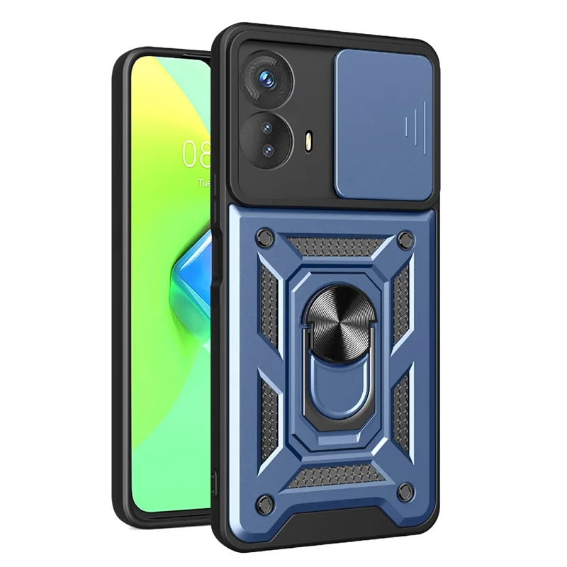 Kickstand PC+TPU Phone Cover for Motorola Moto G53 5G , Slide Push Pull Camera Lens Protection Shell Phone Case - Blue
