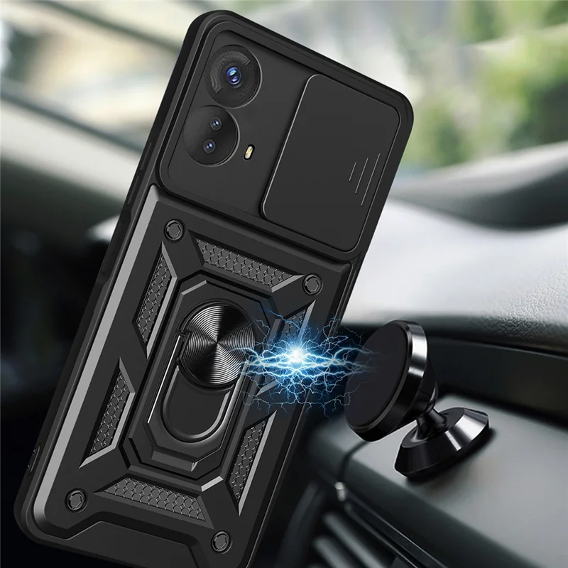 Kickstand PC+TPU Phone Cover for Motorola Moto G53 5G , Slide Push Pull Camera Lens Protection Shell Phone Case - Blue