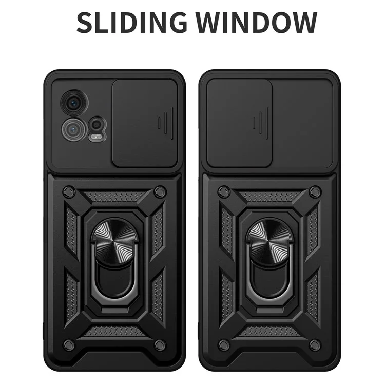 For Motorola Moto G72 4G Kickstand PC+TPU Phone Case Slide Push Pull Camera Lens Protection Cover - Black