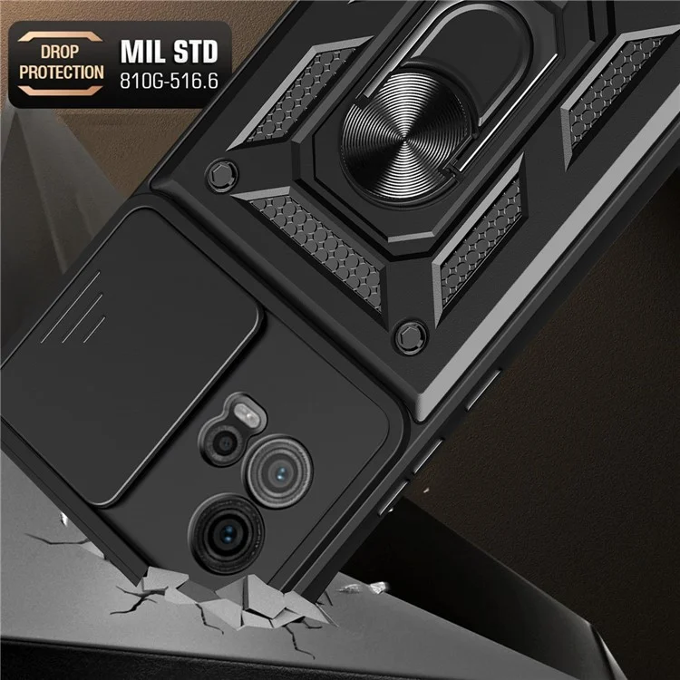 Für Motorola Moto G72 4G Kickstand PC+TPU Handyhülle Schiebe Push Pull Kameraschutzlinse - Schwarz