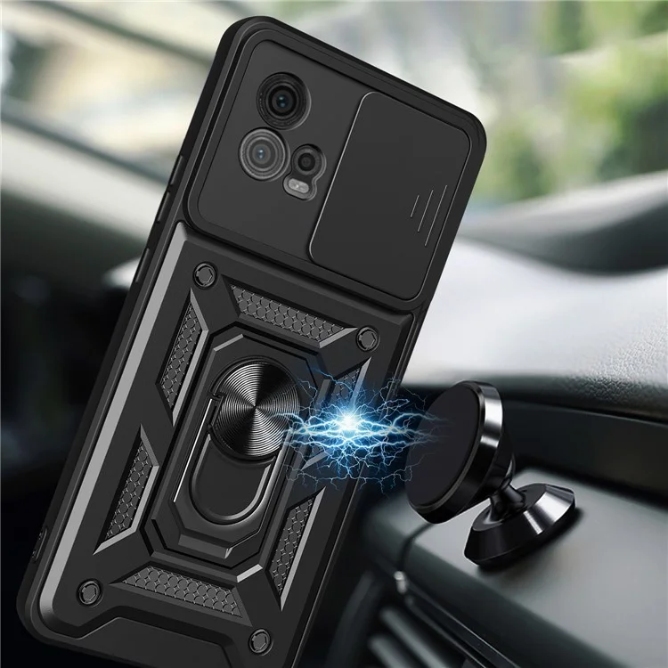 For Motorola Moto G72 4G Kickstand PC+TPU Phone Case Slide Push Pull Camera Lens Protection Cover - Black