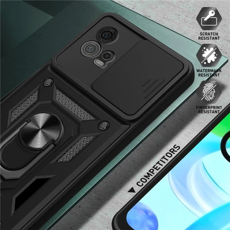 For Motorola Moto G72 4G Kickstand PC+TPU Phone Case Slide Push Pull Camera Lens Protection Cover - Black