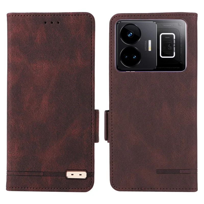 Capa Magnética de Couro PU Anti-queda com Decoração em Metal para Realme GT Neo 5 5G / GT3 5G, Capa Carteira com Suporte - Café