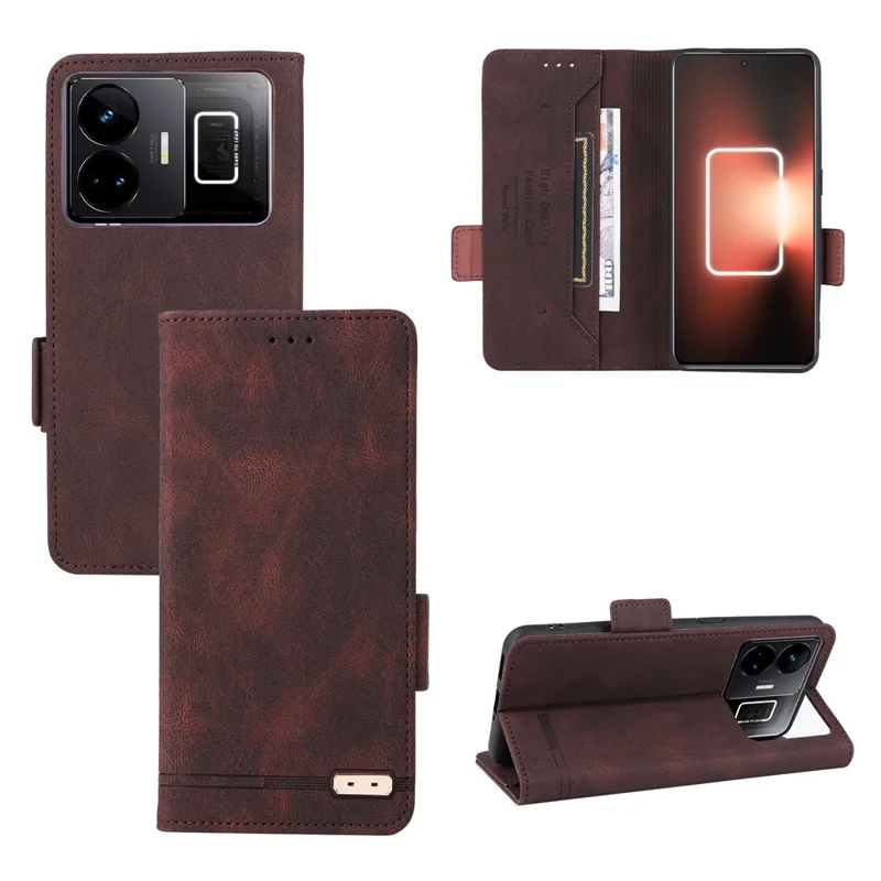 Capa Magnética de Couro PU Anti-queda com Decoração em Metal para Realme GT Neo 5 5G / GT3 5G, Capa Carteira com Suporte - Café