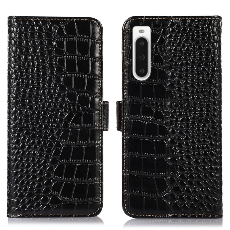 For Sony Xperia 10 V Crocodile Texture Phone Cover RFID Blocking Stand Genuine Cowhide Leather Phone Case - Black