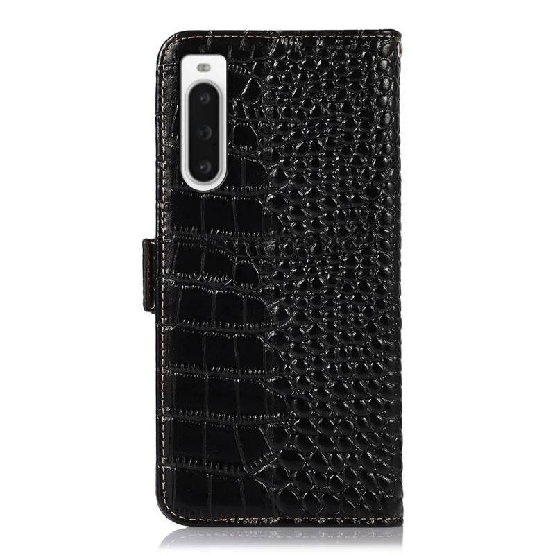 For Sony Xperia 10 V Crocodile Texture Phone Cover RFID Blocking Stand Genuine Cowhide Leather Phone Case - Black