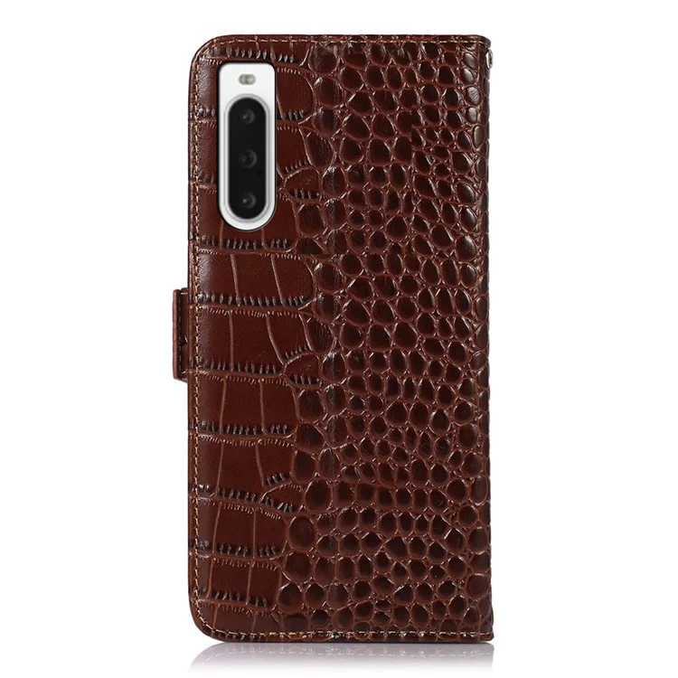 Per Sony Xperia 10 V Copertina per telefono con texture coccodrillo RFID Blocking Stand Genuine Cowhide Leather Phone Case - Marrone