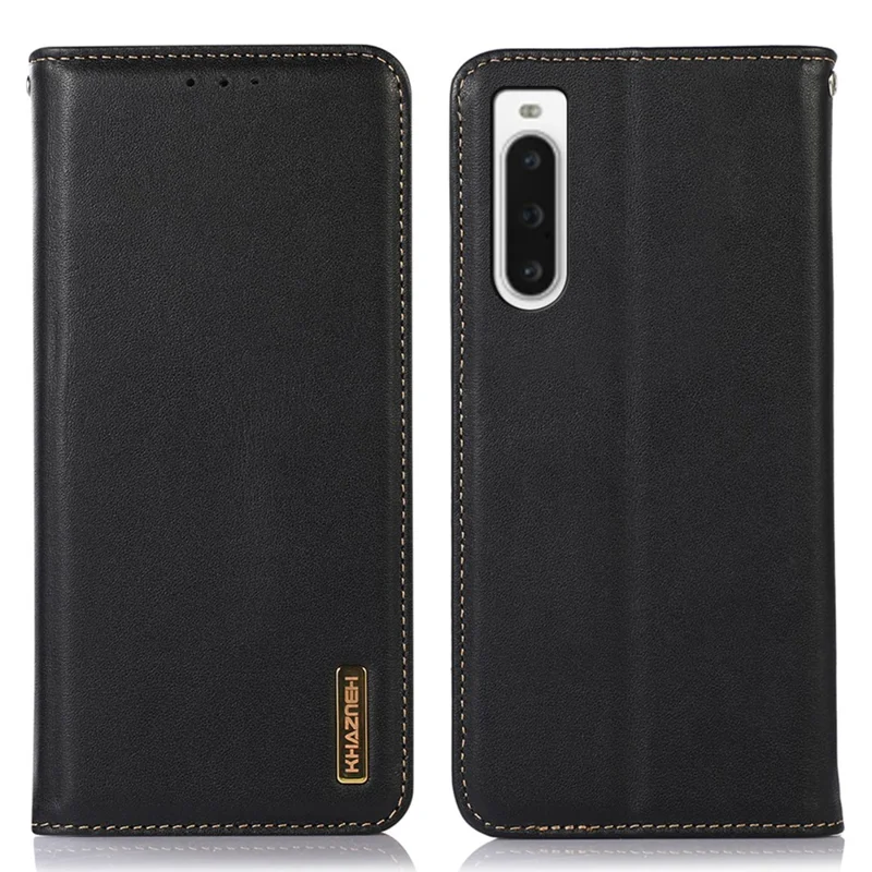 KHAZNEH para Sony Xperia 10 V Capa de Telefone Caso RFID Blocking Wallet Genuine Cowhide Leather Stand Cell Phone Cover - Preto