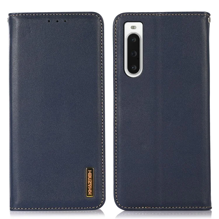 KHAZNEH for Sony Xperia 10 V Phone Case RFID Blocking Wallet Genuine Cowhide Leather Stand Cell Phone Cover - Blue