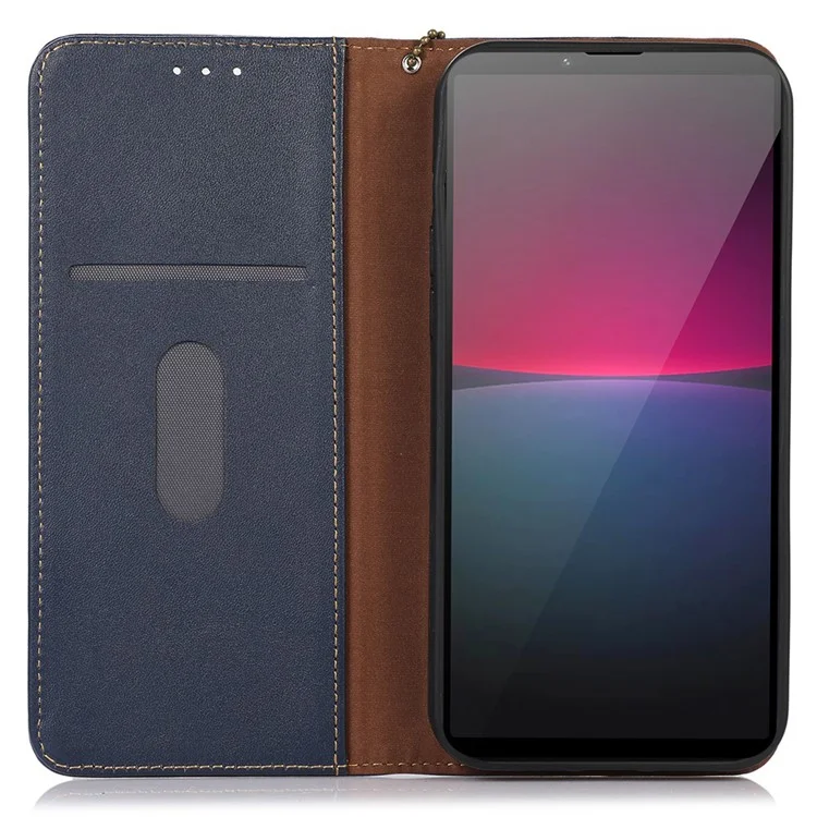 KHAZNEH for Sony Xperia 10 V Phone Case RFID Blocking Wallet Genuine Cowhide Leather Stand Cell Phone Cover - Blue
