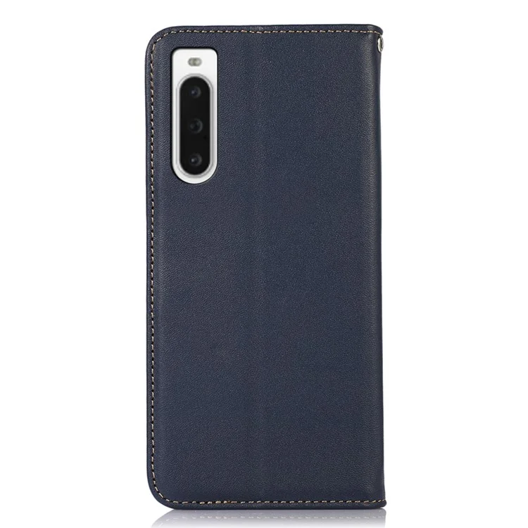 KHAZNEH for Sony Xperia 10 V Phone Case RFID Blocking Wallet Genuine Cowhide Leather Stand Cell Phone Cover - Blue