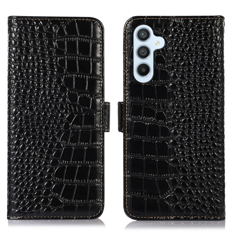 Capa de Telefone Carteira para Samsung Galaxy M14 5G Bloqueio RFID Couro Verdadeiro de Vaca - Preto